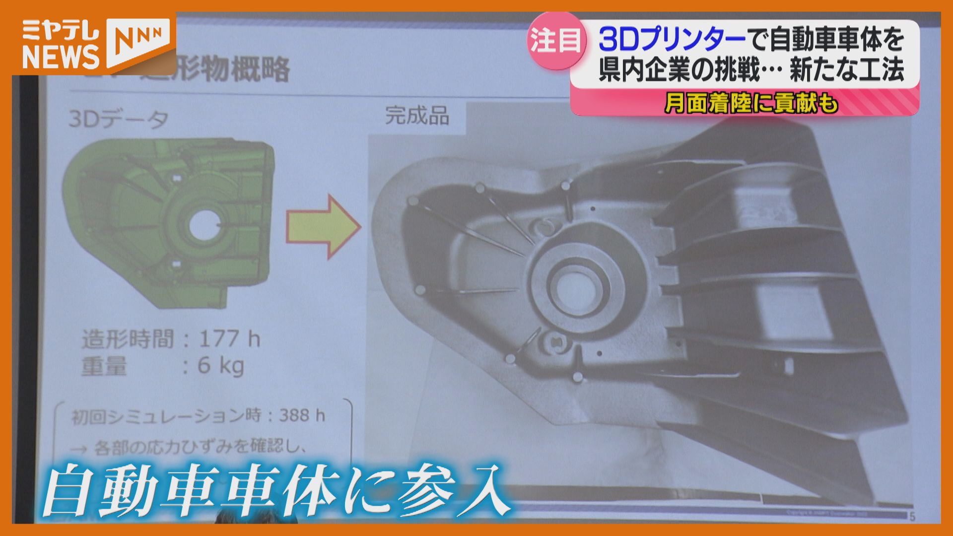 国内初！3Dプリンターで自動車製造の試作「ゆくゆくは車体丸ごと…」（2024年4月19日掲載）｜ミヤテレNEWS NNN