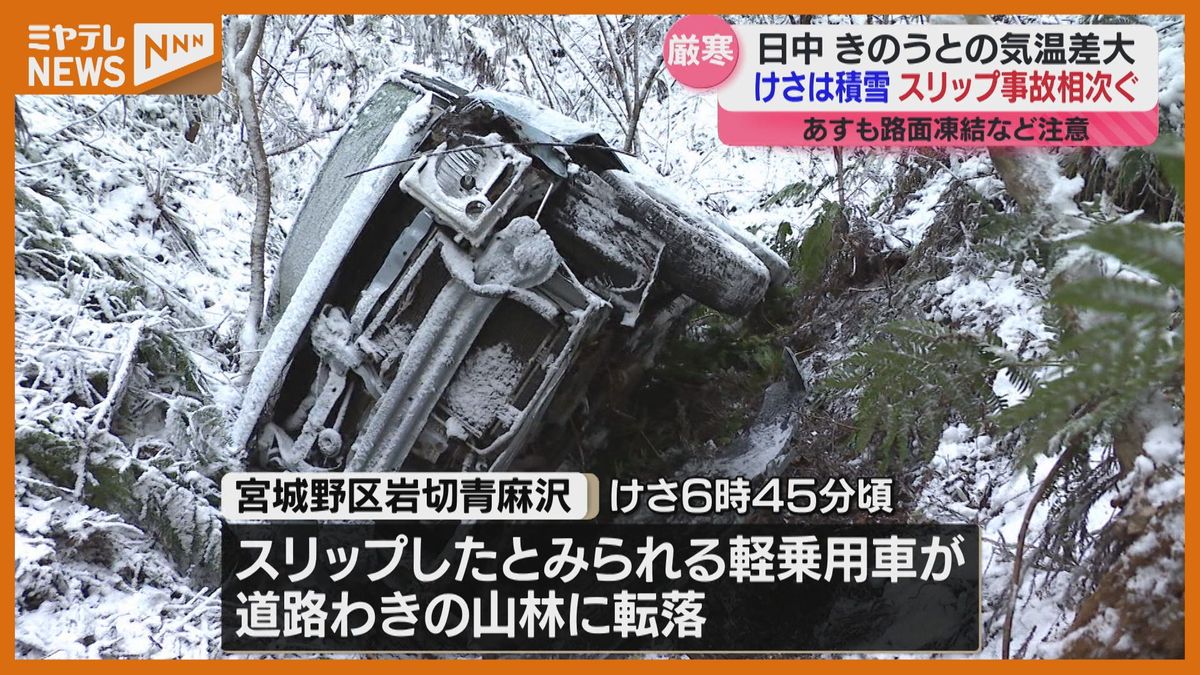 厳しい寒さに”逆戻り”、日中の気温5℃に届かず　平野部でも積雪しスリップ事故相次ぐ（宮城）