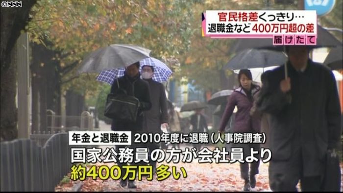 退職給付 民を国家公務員402万円上回る