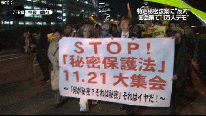 国会前で“1万人”反対デモ 秘密保護法案