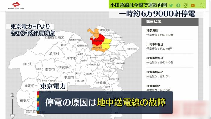 横浜市など一時約6万9000軒の停電 地中送電線の故障が原因か