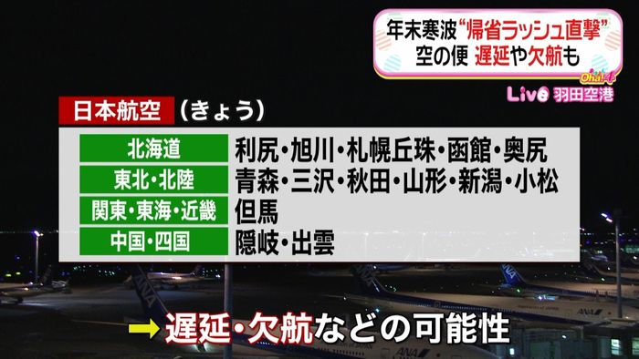 “年末寒波”空の便では遅延や欠航も