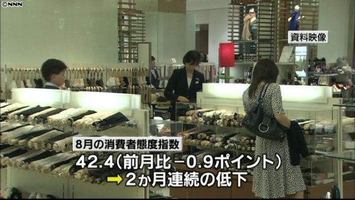 8月の消費者態度指数、2か月連続悪化