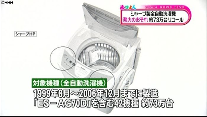 シャープ 全自動洗濯機約73万台リコール