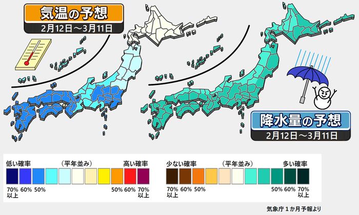 【1か月予報】寒気の影響で寒い日が多い 日本海側は降雪量多め