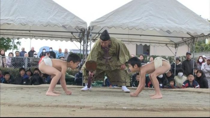 赤ちゃんも土俵入り…恒例「立神正月相撲」