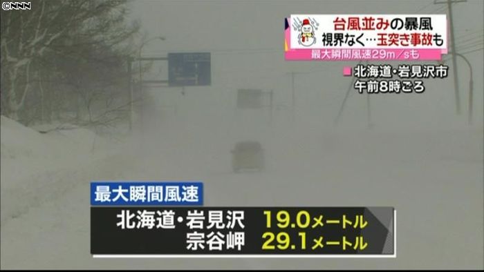 北海道で猛吹雪、宗谷岬では台風並み暴風に
