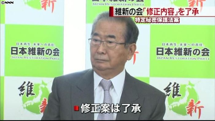 秘密保護法案 維新、与党との修正内容了承