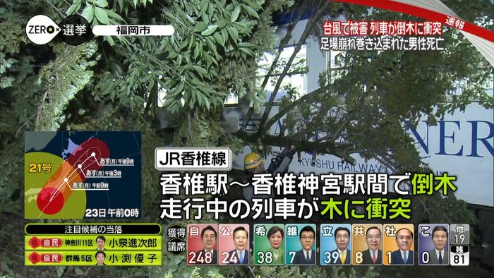台風影響か 倒木に列車衝突、立ち往生