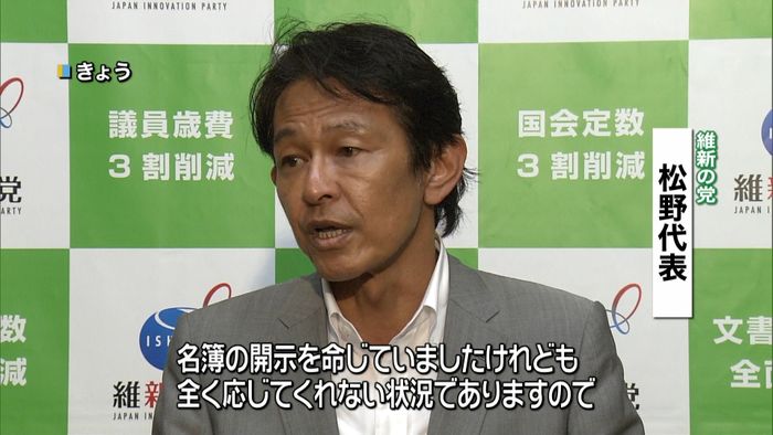 維新の党　大阪側の議員に名簿返還求め訴訟
