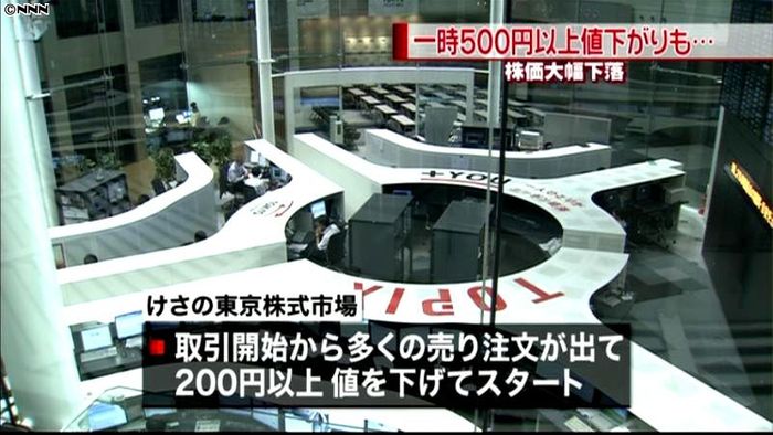 株価大幅下落、一時500円以上値下がりも