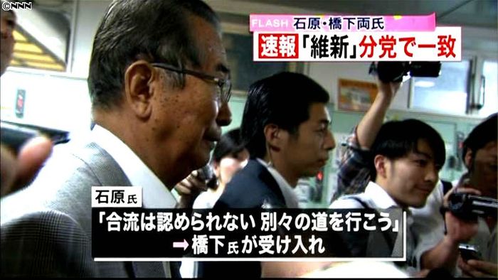 日本維新の会が分党へ 両共同代表が一致