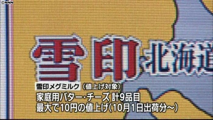雪印メグミルク、乳製品を10月から値上げ