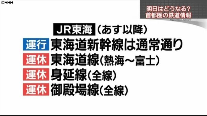 東海道新幹線、15日は通常通り運行の予定