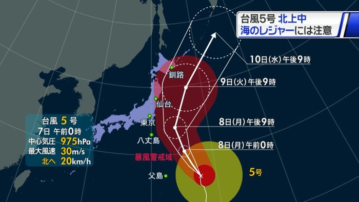 台風５号が北上　８日に伊豆諸島の東へ
