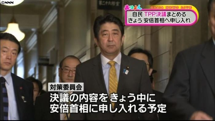 自民対策委がTPP決議 首相に申し入れへ