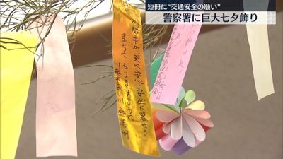 短冊に園児たちが願い 警察署に巨大七夕飾り