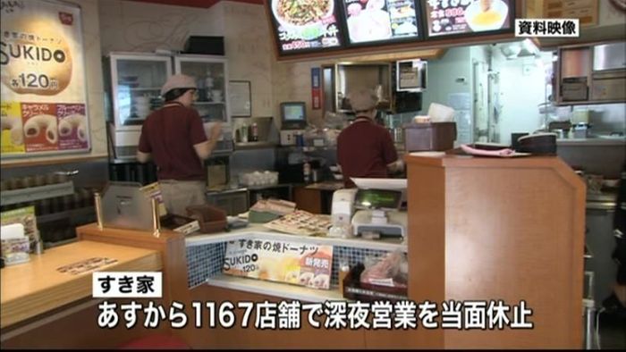「すき家」約6割の深夜営業を休止