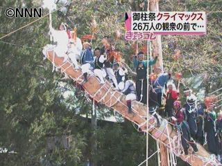 諏訪大社上社の御柱祭、建御柱始まる