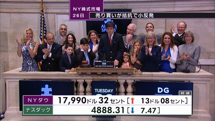 NYダウ13ドル高 終値1万7990ドル