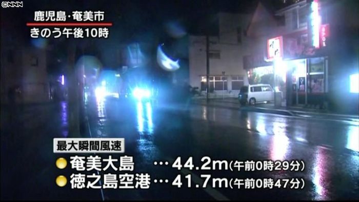 奄美大島で最大瞬間風速４４．２ｍ
