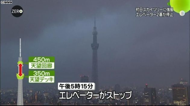 東京スカイツリー 強風でエレベーター停止