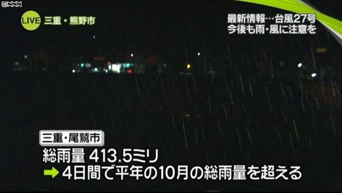 三重県尾鷲市で413.5ミリ 台風27号