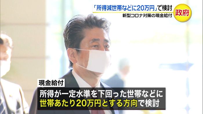 現金給付「所得減世帯などに20万円」検討