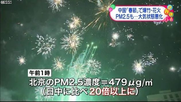 中国で 春節 花火や爆竹で大気状態悪化