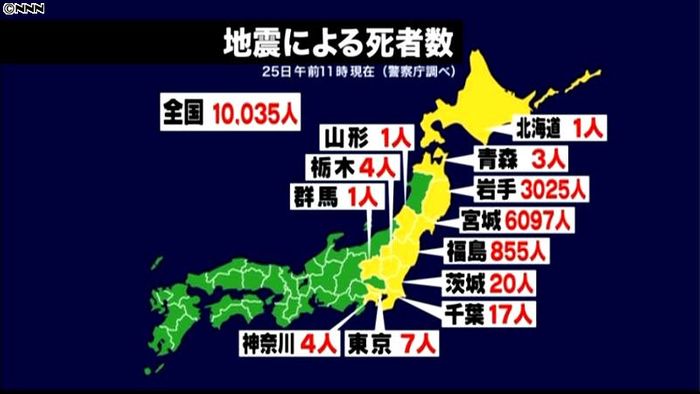 東日本大震災の死者、1万人超える