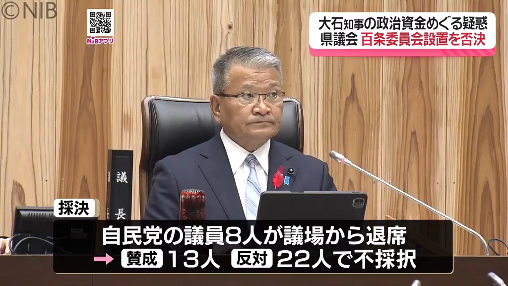 議場から8人退席「県議会 百条委員会設置を否決」大石知事は“知事選出
