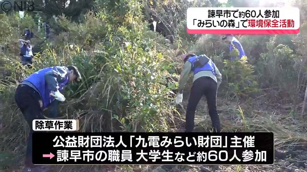 九電みらい財団が諫早市の森林で環境保全活動 除草作業で「森を将来へ