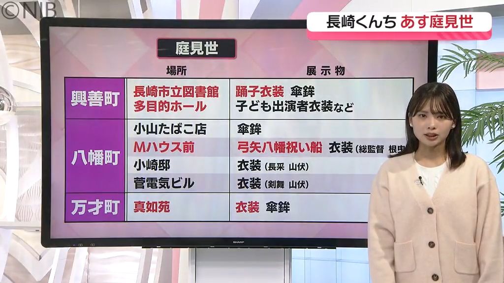 3日は長崎くんち「庭見世」傘鉾や衣装に楽器､お祝い品も各踊町ごとにお披露目《長崎》