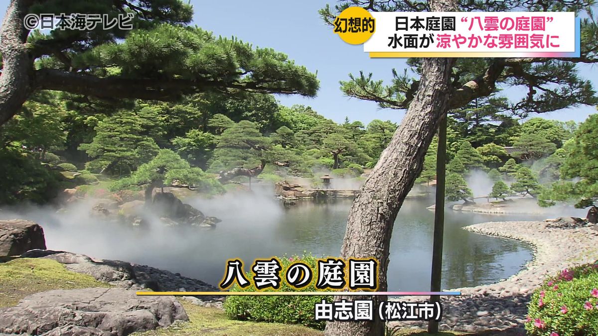 由志園で夏恒例のイベント「八雲の庭園」　池に霧が噴射されて涼やかな癒やしスポットに！　国内外の観光客の姿も　島根県松江市