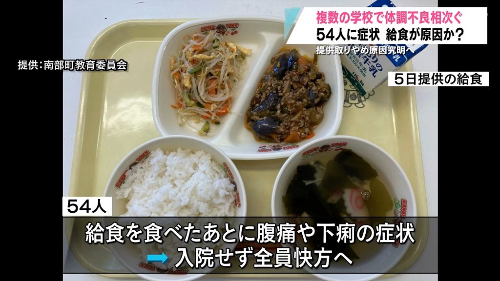 マーボーナスやわかめスープなど同じ献立の給食を食べた子どもと教職員54人が体調不良　南部町