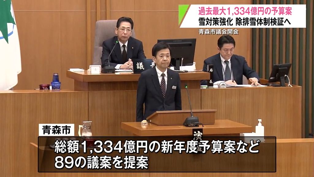 青森市議会開会　過去最大規模の予算案を提案　総額1334億円　雪対策強化　しごと創造戦略