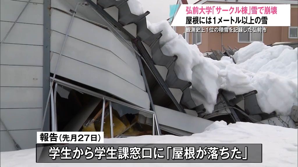 「屋根が落ちた」と大学生から報告　雪の重みで築20年の“サークル棟”が崩壊…今冬の建物被害は434件にのぼる　青森県・弘前大学