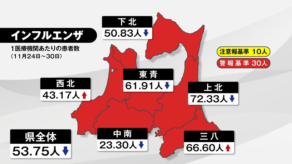 インフル感染者は依然“警報レベル” 8週ぶり減少も上北・八戸で高水準