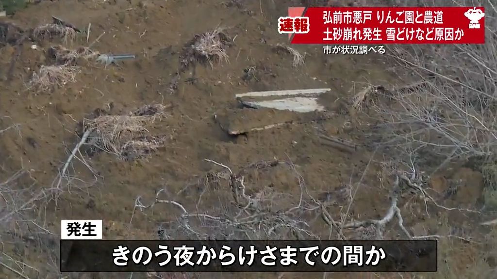 雪どけや雨が原因か…りんご園と農道で幅100メートル長さ160メートルの土砂崩れが発生　青森県弘前市