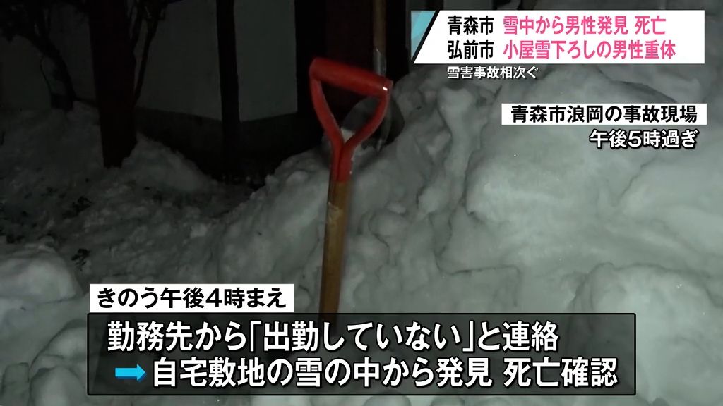 雪害事故相次ぐ　１人死亡１人重体　雪に埋もれ雪ベラを握った状態で死亡　雪に埋まった状態で発見　心肺停止の男性も