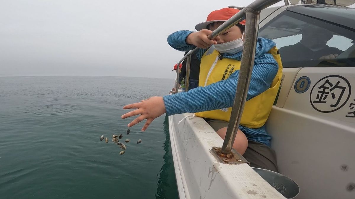 海の環境保全への関心を高めて 小学生が松山沖でアサリの稚貝を放流