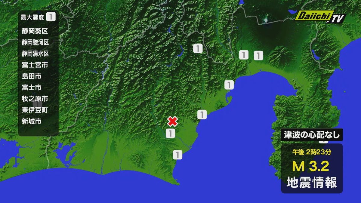 【地震速報】静岡県中部が震源 静岡市・富士市・富士宮市・島田市・牧之原市・東伊豆町で震度１ 津波の心配なし（８日 午後２時２３分ごろ）