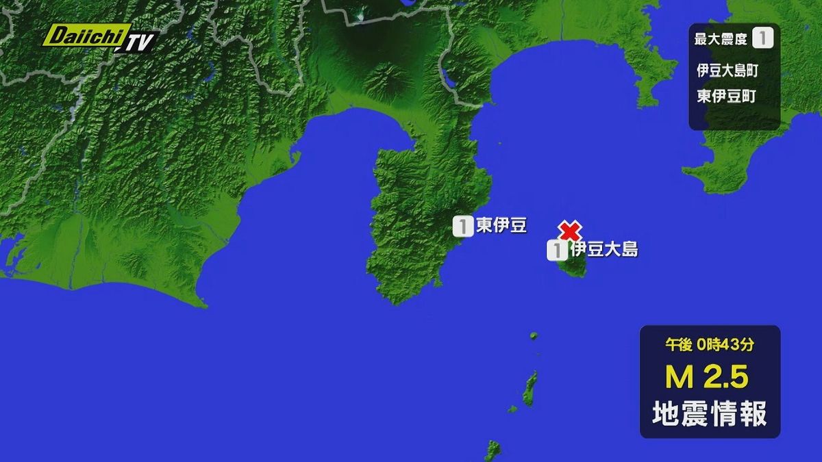 【地震速報】２日夜から地震相次ぐ伊豆大島近海で震度１　静岡・東伊豆町で震度１　津波の心配なし　３日　午後０時４３分ごろ