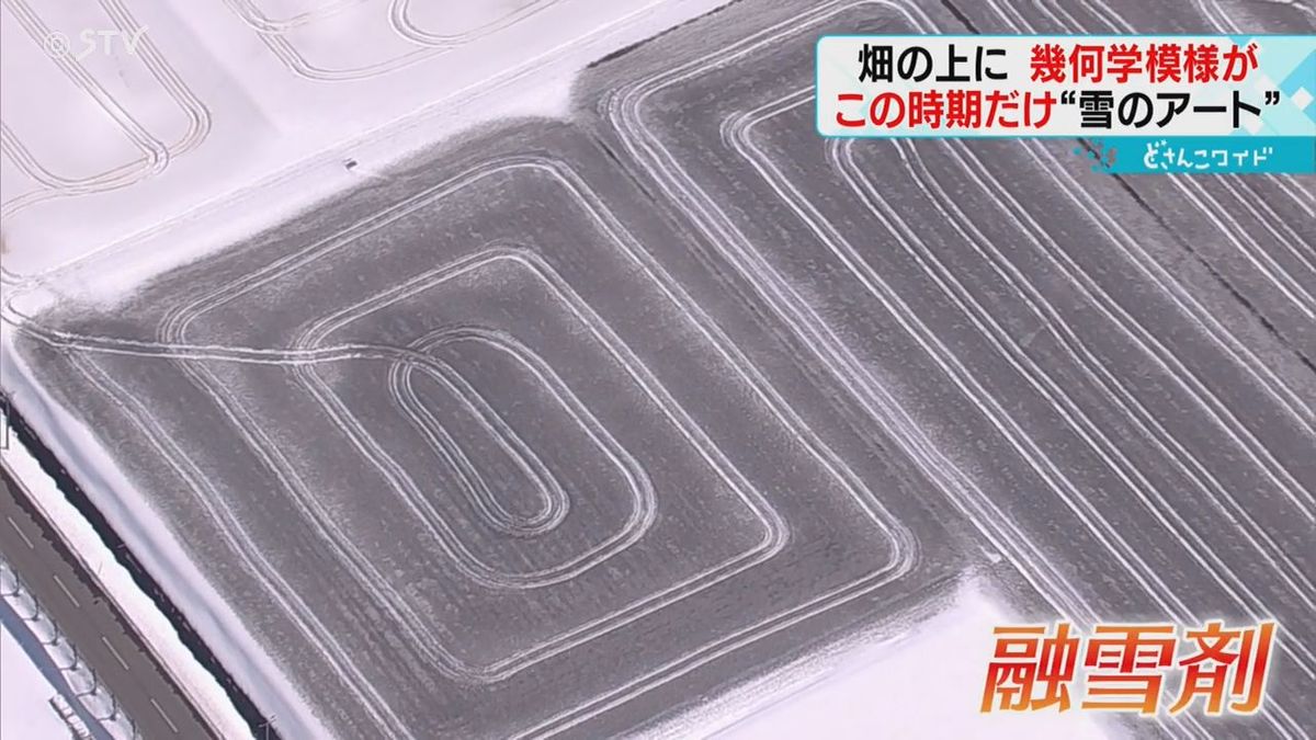 もうすぐ春　雪のキャンバスに描かれた幾何学模様　畑に融雪剤を散布　北海道