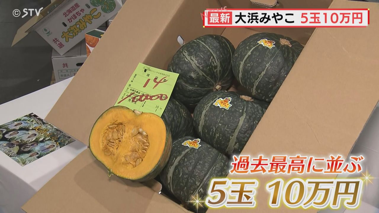 過去最高値と並んだ！5玉10万円 札幌産カボチャ「大浜みやこ」初競り