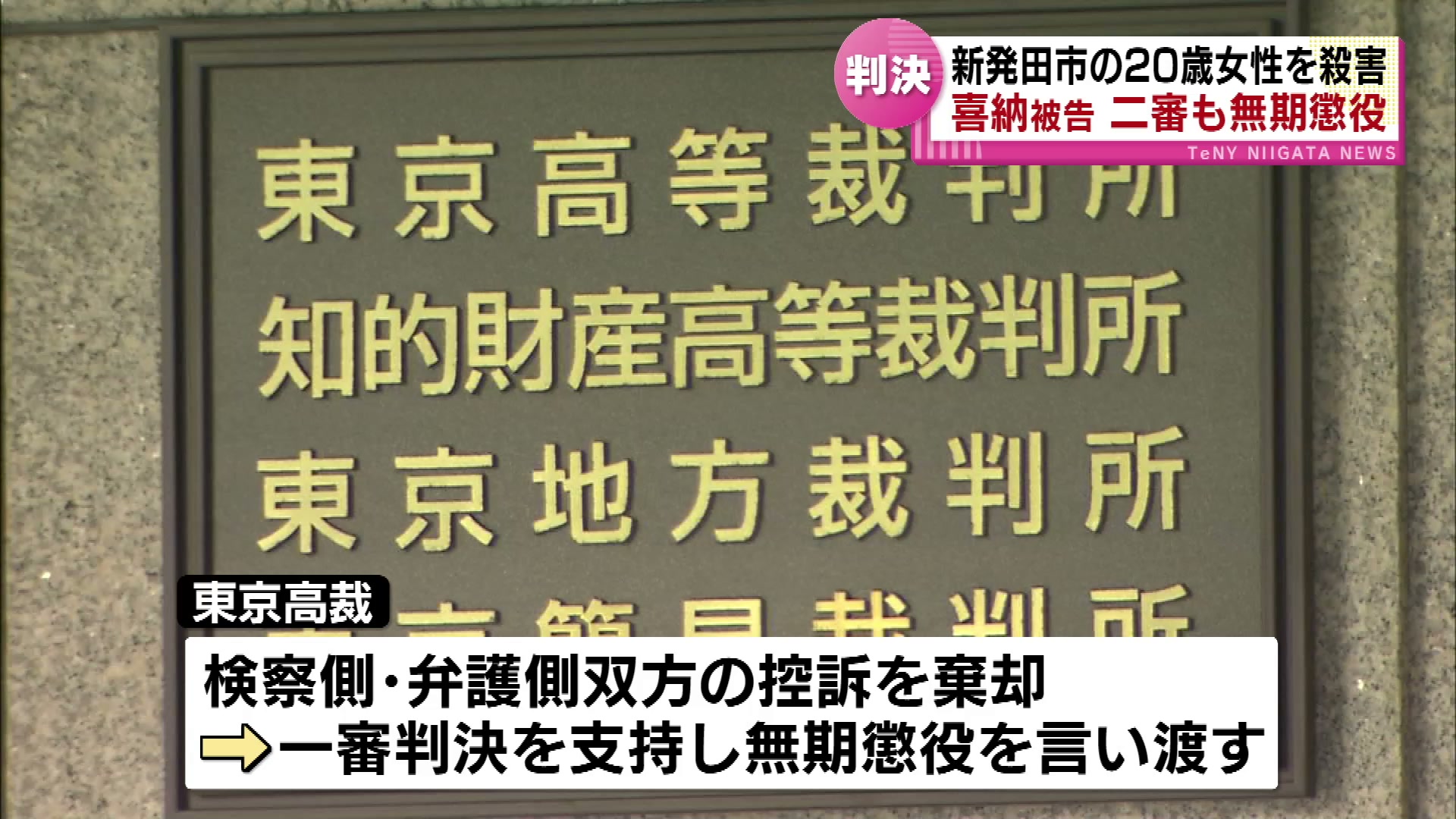 2014年新発田女性殺害事件　喜納被告に二審も無期懲役の判決　東京高裁 《新潟》