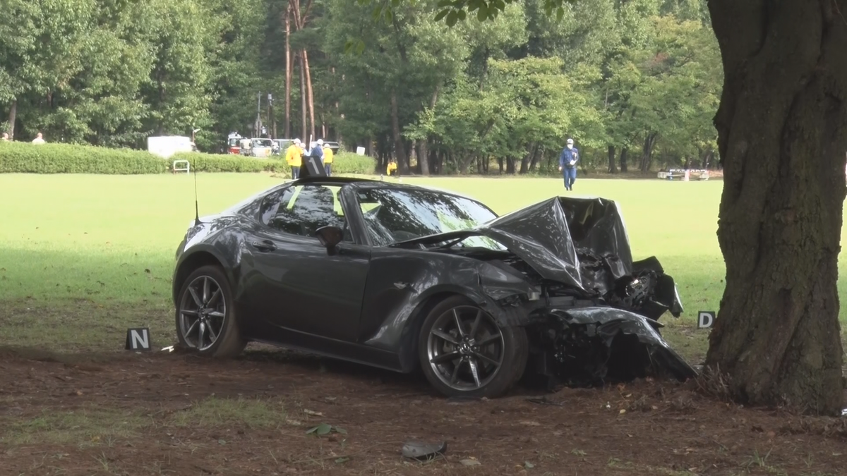 公園でスポーツカーが芝生の上を約100メートル走って木に激突　58歳男性死亡　死因は「外傷性くも膜下出血」警察が事故の原因調べる