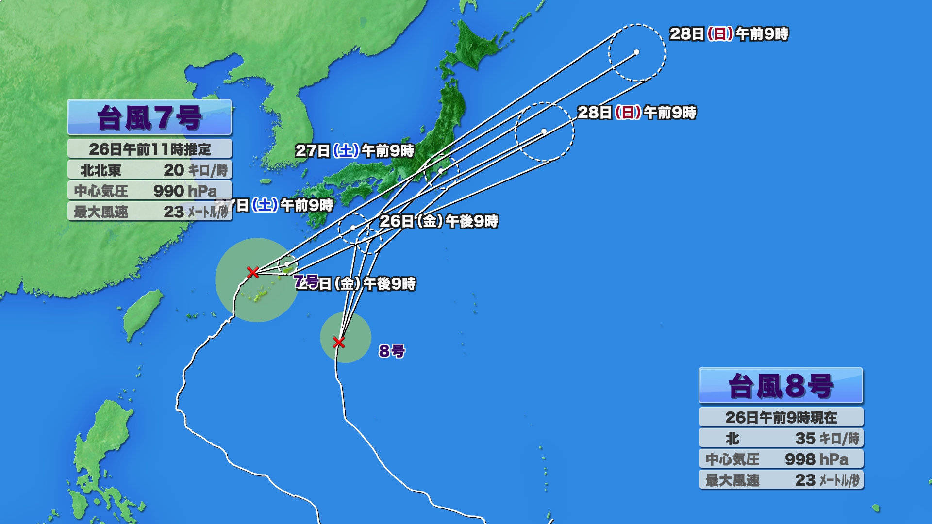 ダブル台風】台風8号は27日朝から昼前にかけて 台風7号は27日夕方から