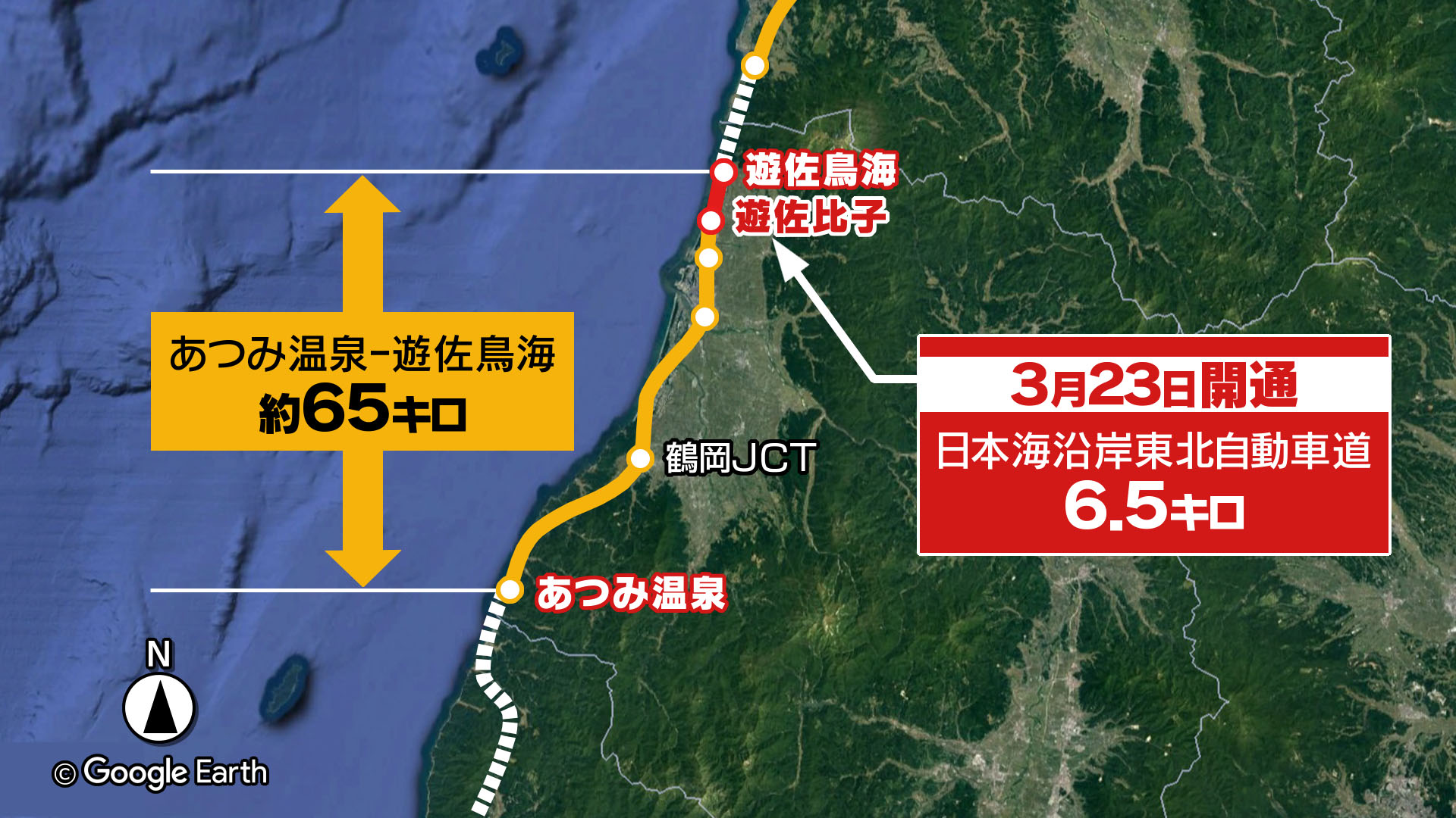 日本海沿岸東北自動車道 山形県遊佐町内の6.5キロ区間が3月に開通