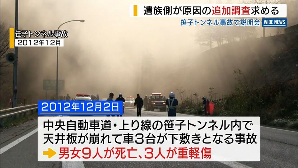 9人死亡の笹子トンネル事故「真相究明が不十分」遺族があらためて追加調査を要望 山梨